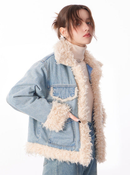 American thickened cotton denim lamb wool coat