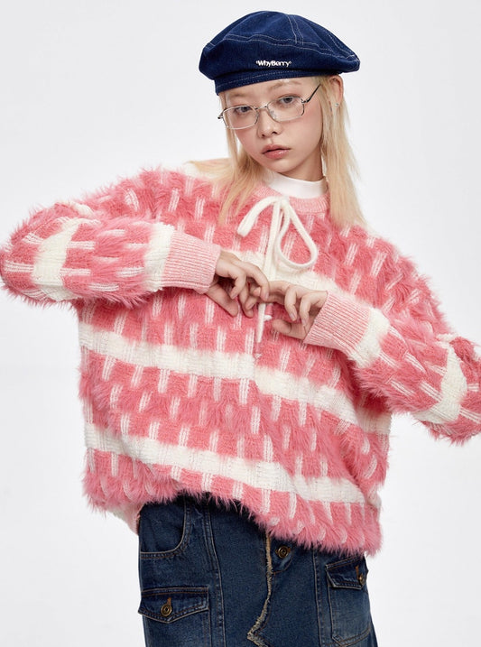 Pink Striped Round Neck Loose Knitwear Tops