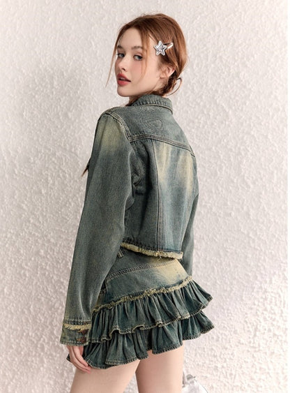 Cropped Raw Edged Denim Anzug Cake Skirt Sst-up