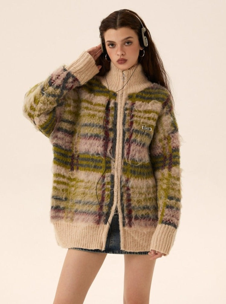 Cropped mohair knit cardigan zipper sweater coat