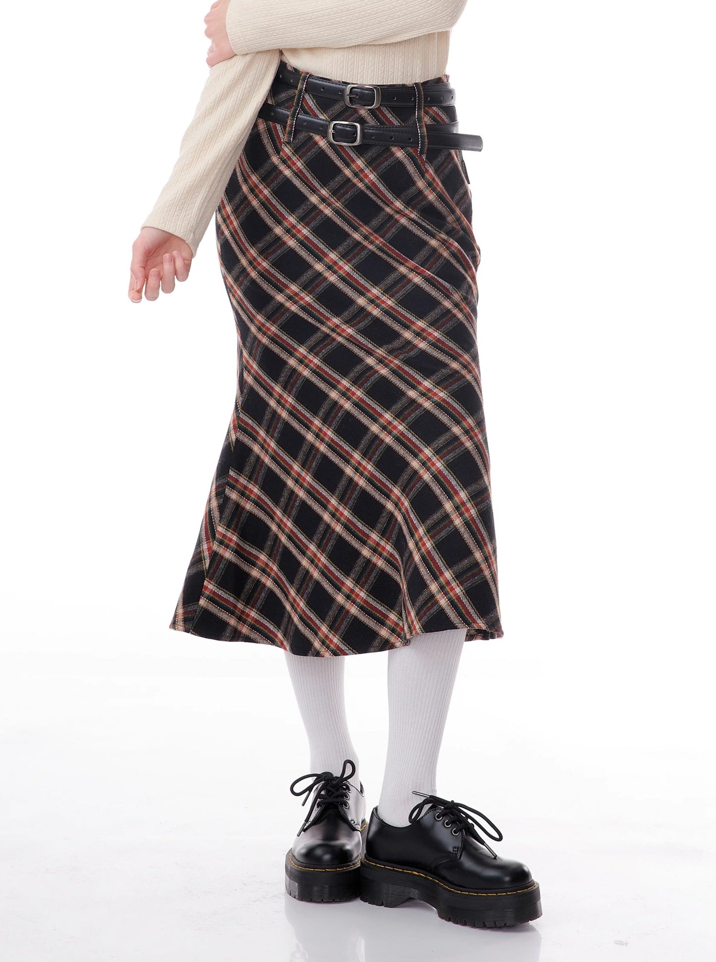 American retro high waist plaid skirt