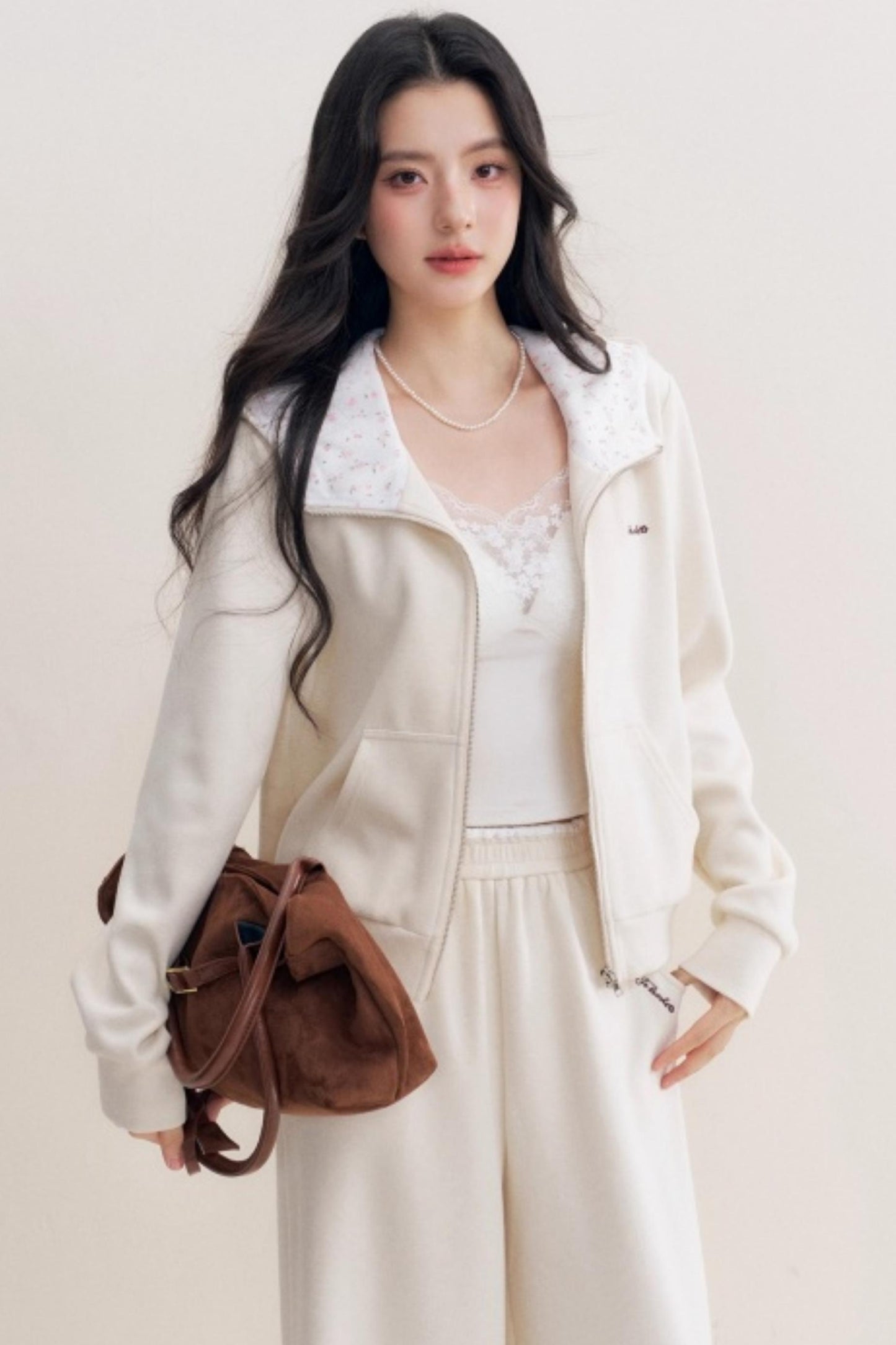 Rose Print Patchwork Hooded Jacket Set-Up