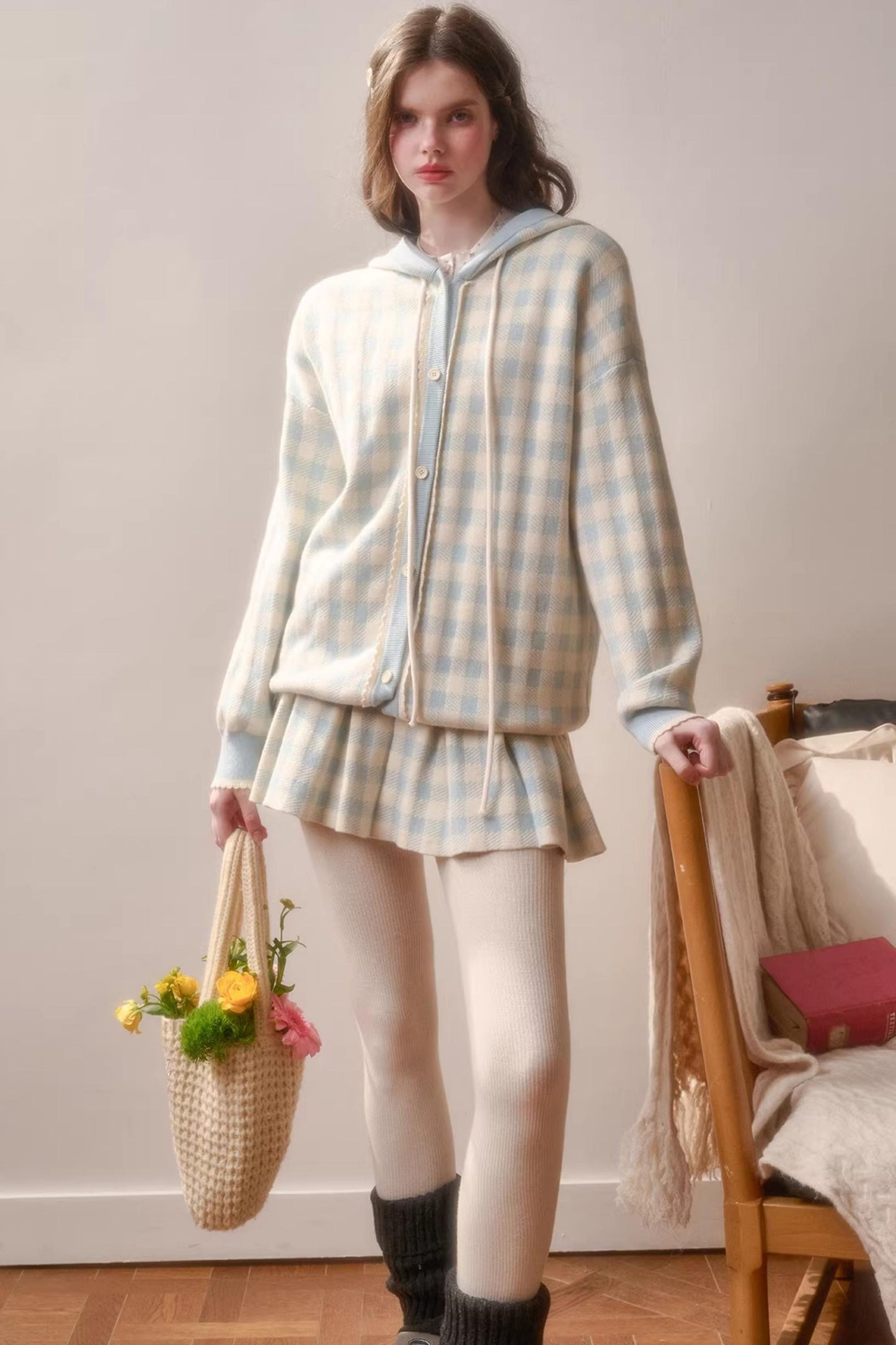 Comfortable Blue Plaid Pleated Jacket Set-Up