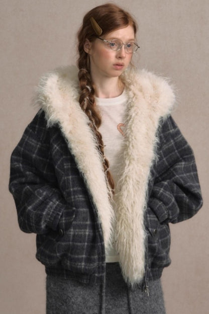 Elk Fur Collar Plaid Woolen Jacket