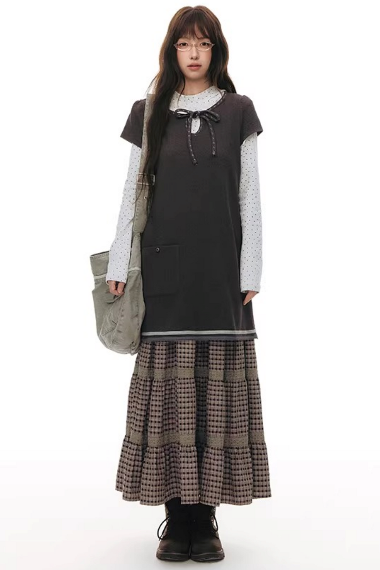 Embroidered Tie Neck Dress