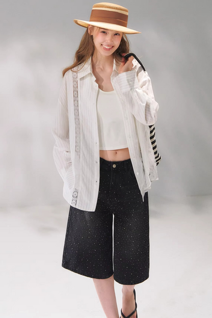 Striped Lace Embroidered Cardigan Set-Up