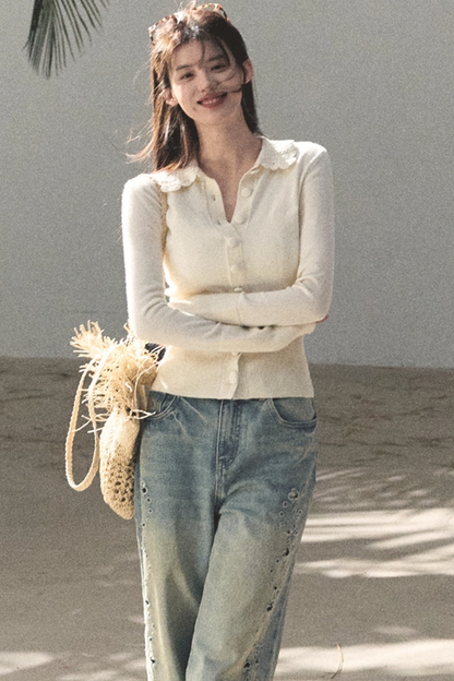 Laser Embroidery Distressed Jeans