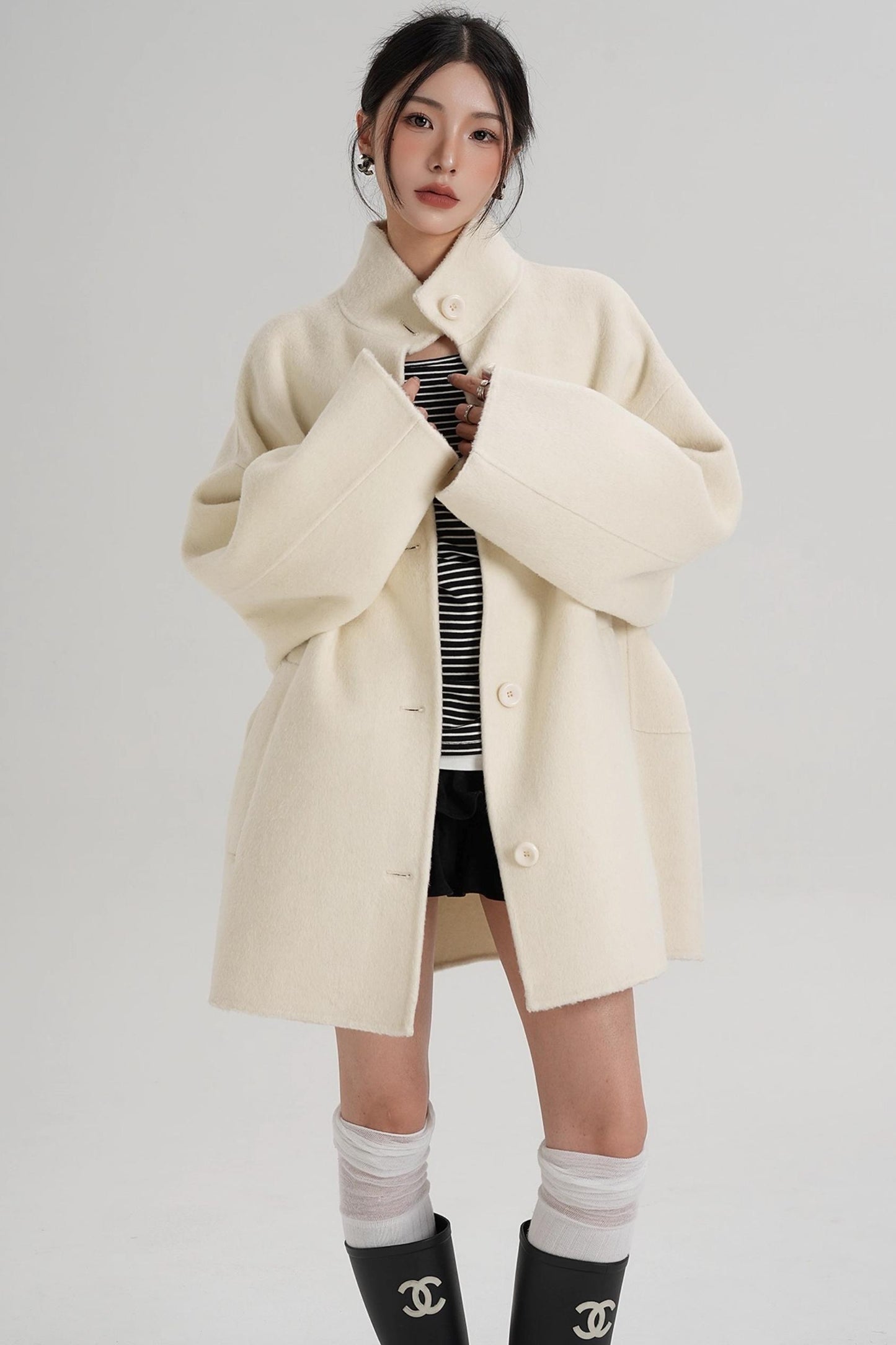 Stand-Up Collar Loose Sleeve Wool Jacket