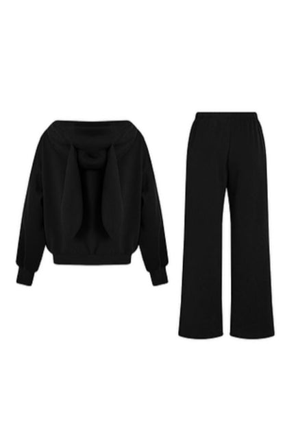 Bunny Ears Hooded Cardigan & Wide Pants Set-Up