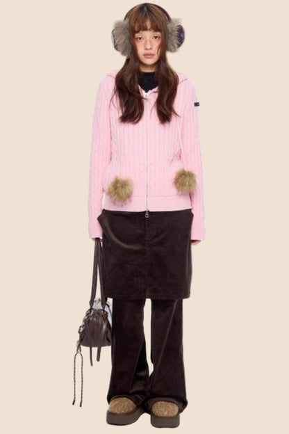 Furball Twisted Knit Hooded Cardigan