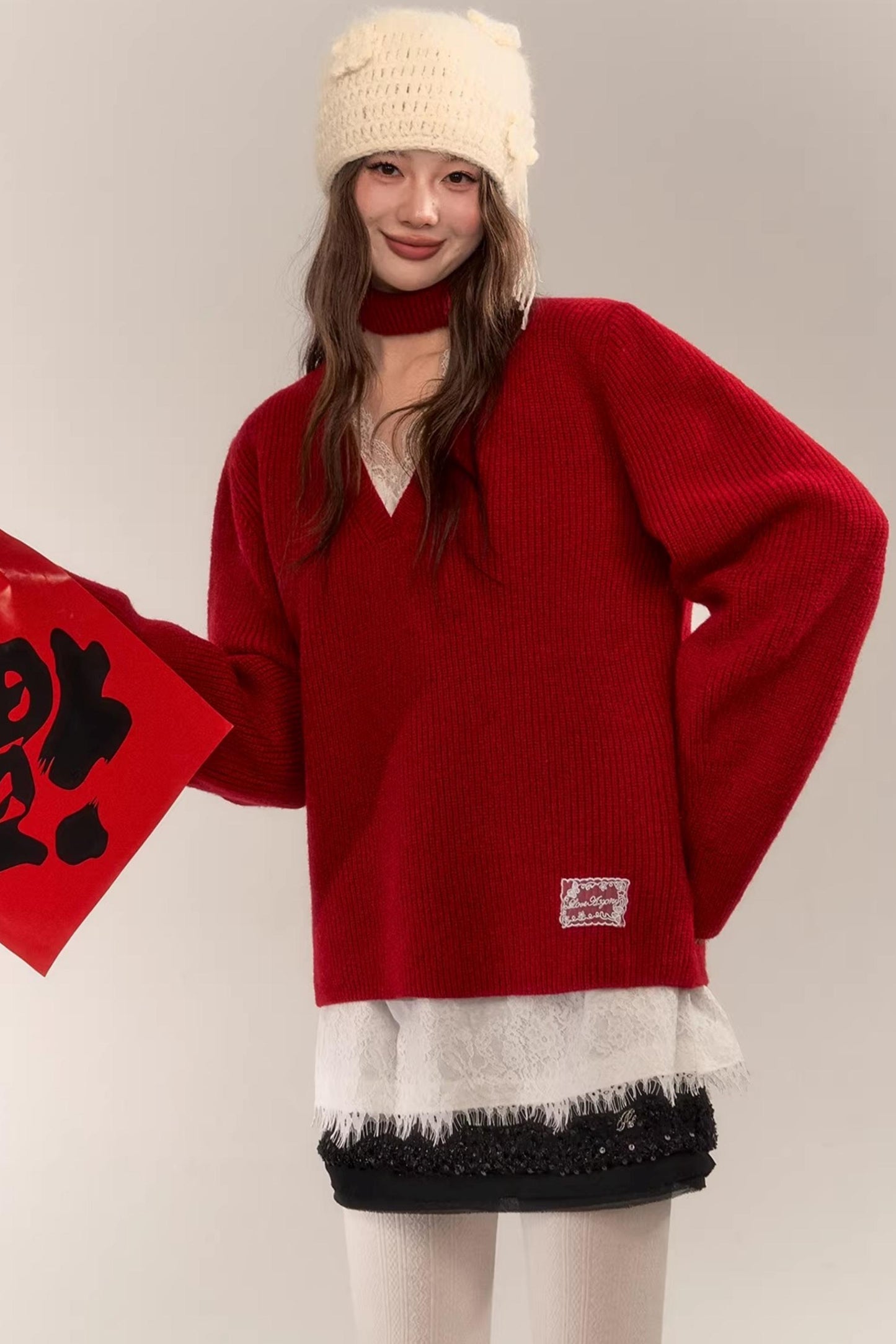 Asgony Red Retro Knit Sweater