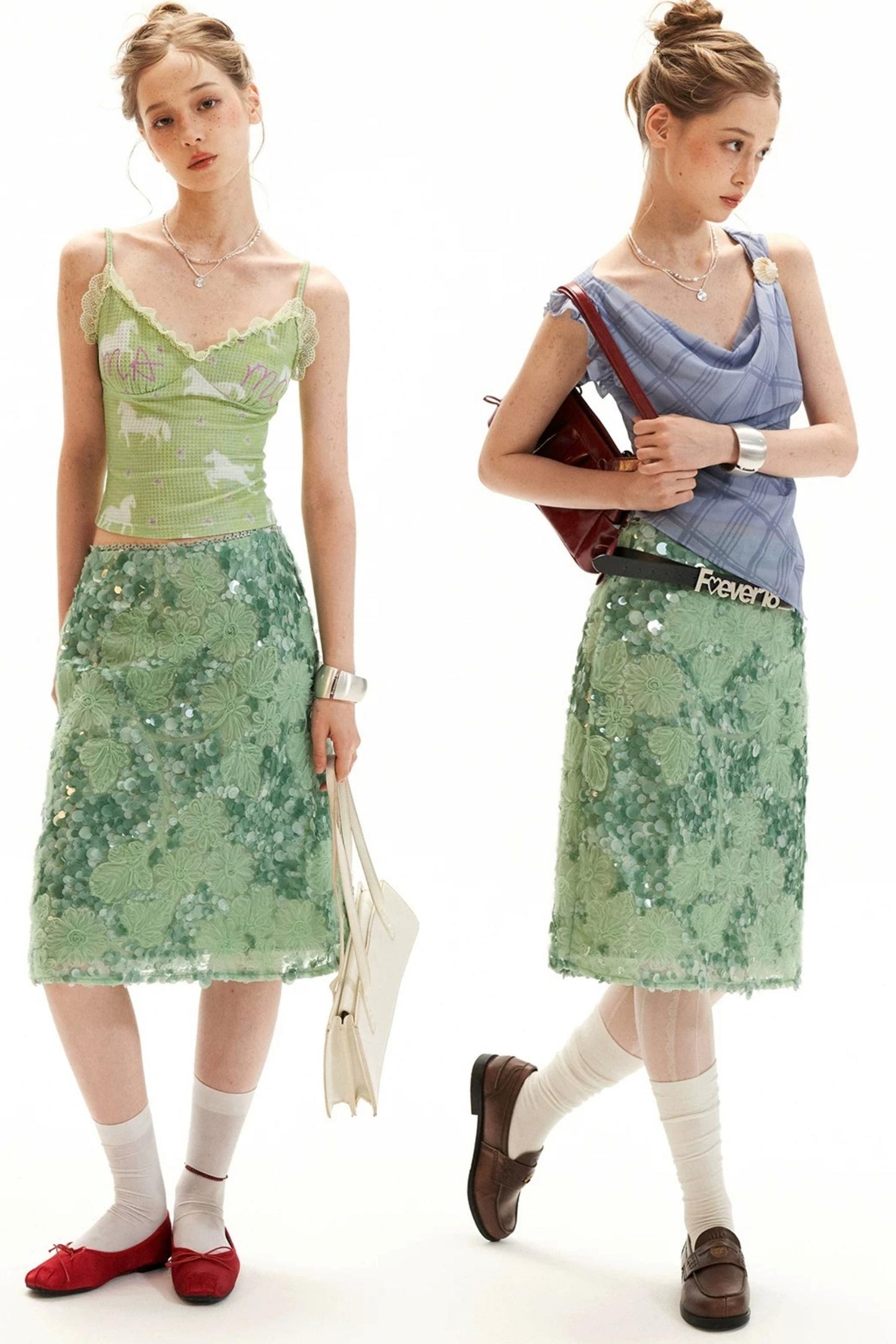 Mint Sequin Embroidered Skirt