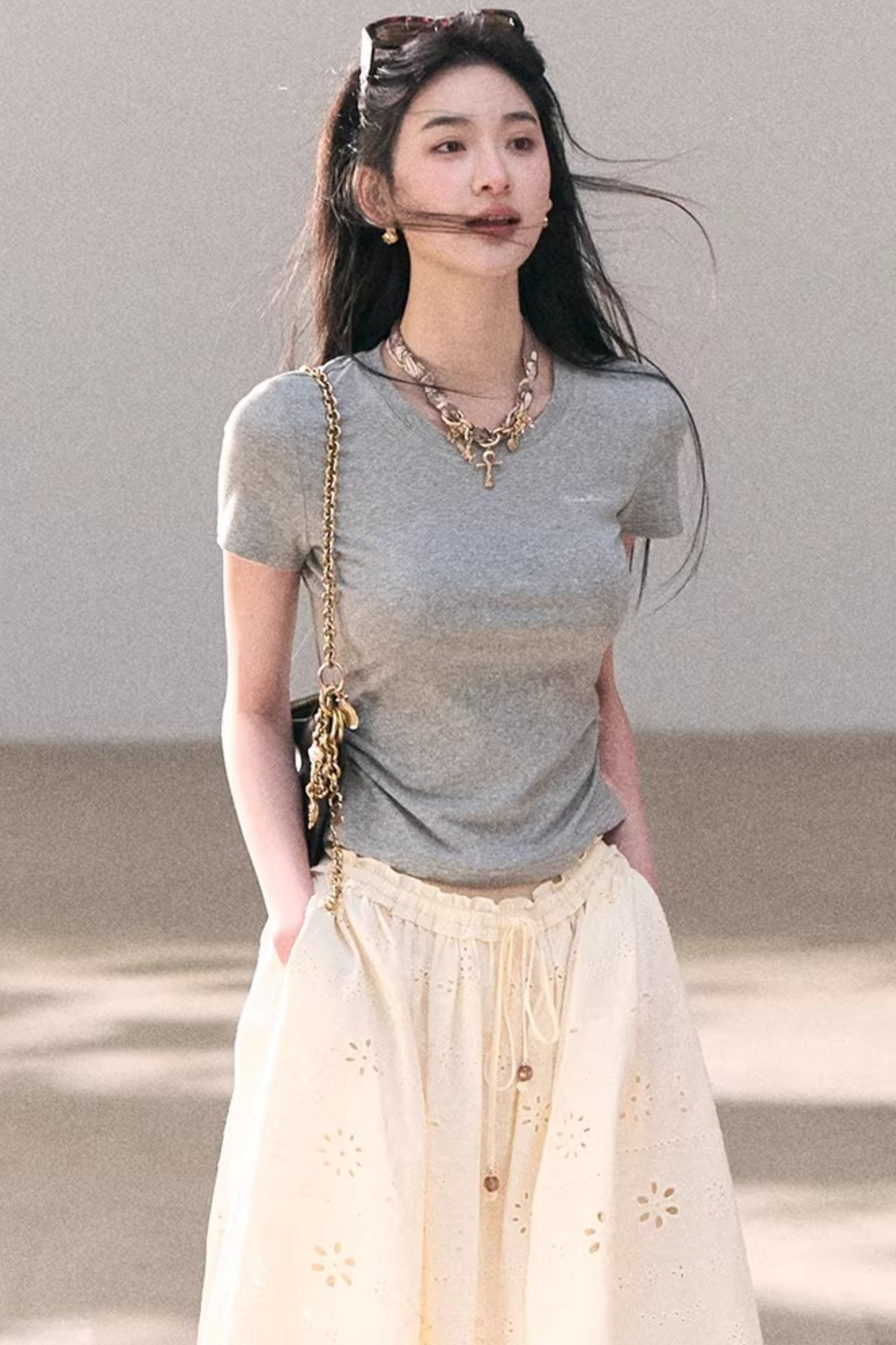 Contrast Embroidered Ruched Top