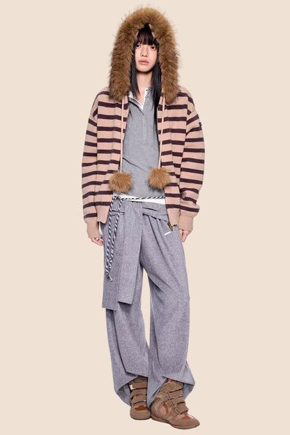 Fur Collar Striped Knit Cardigan