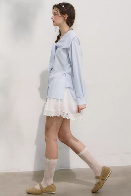 네이비 웨이브 레이스 블라우스