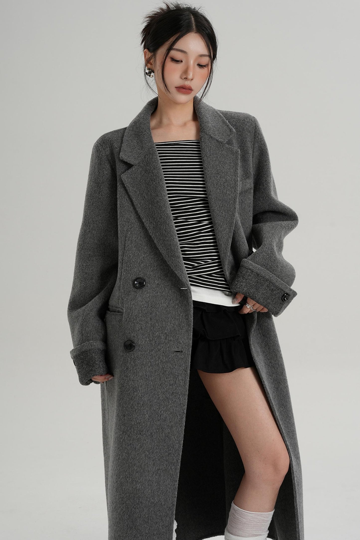Turn-Sleeve Suit Collar Long Wool Coat