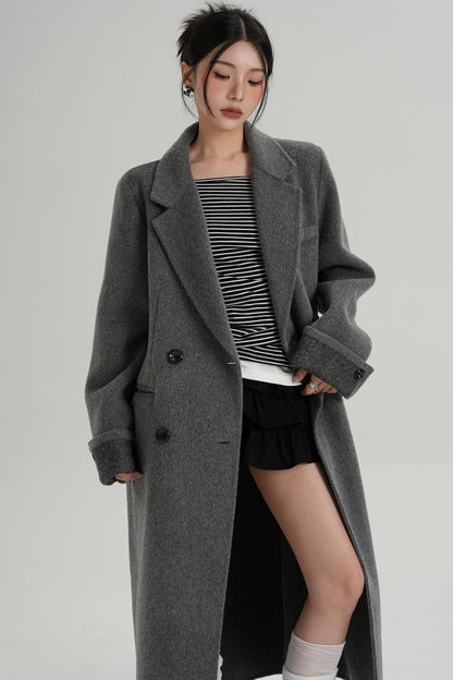 Turn-Sleeve Suit Collar Long Wool Coat