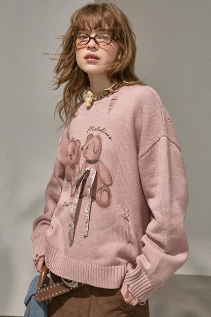 Kiss Bear Print Long Sleeve Sweater