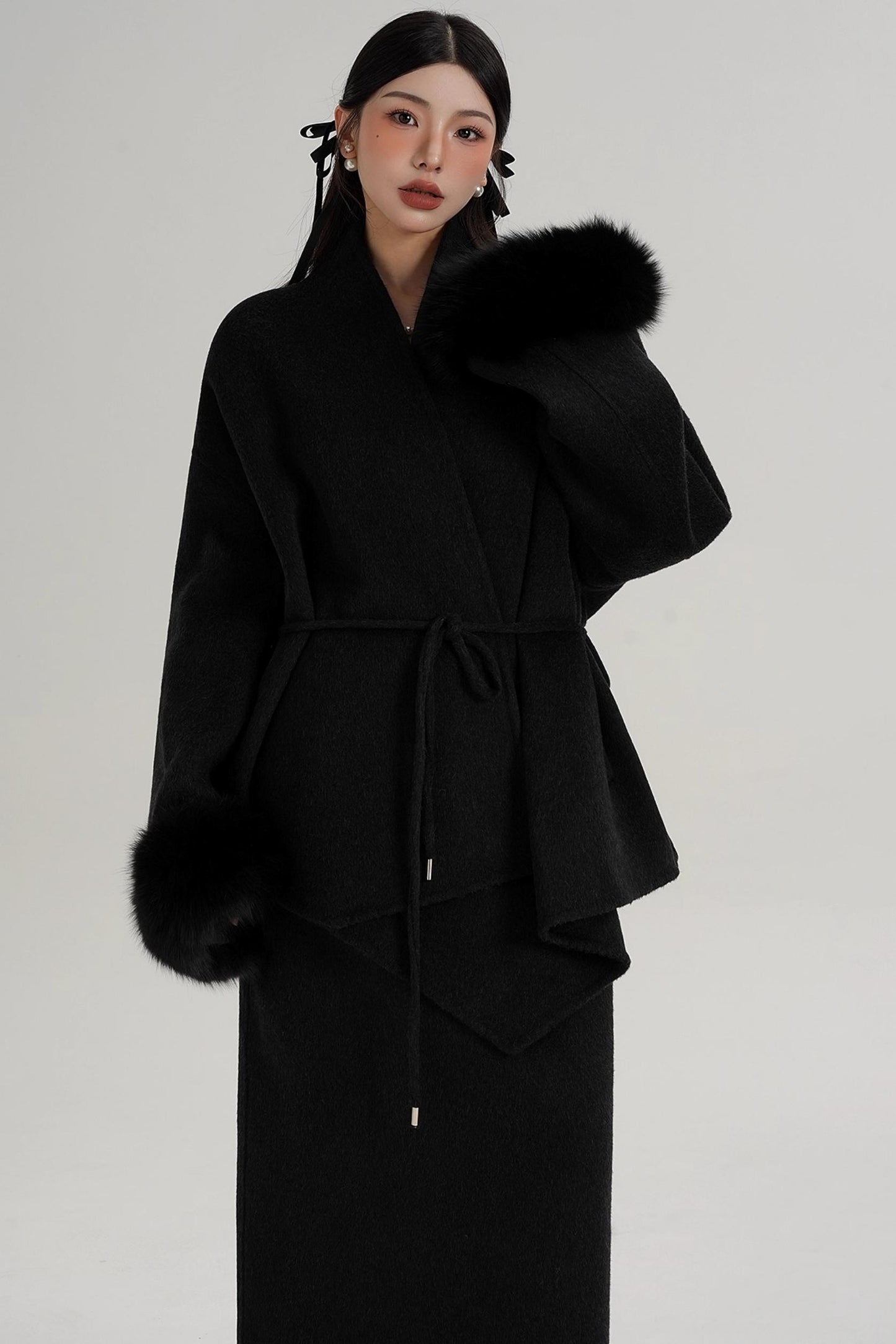Elegant Fox Fur Sleeve Wool Coat