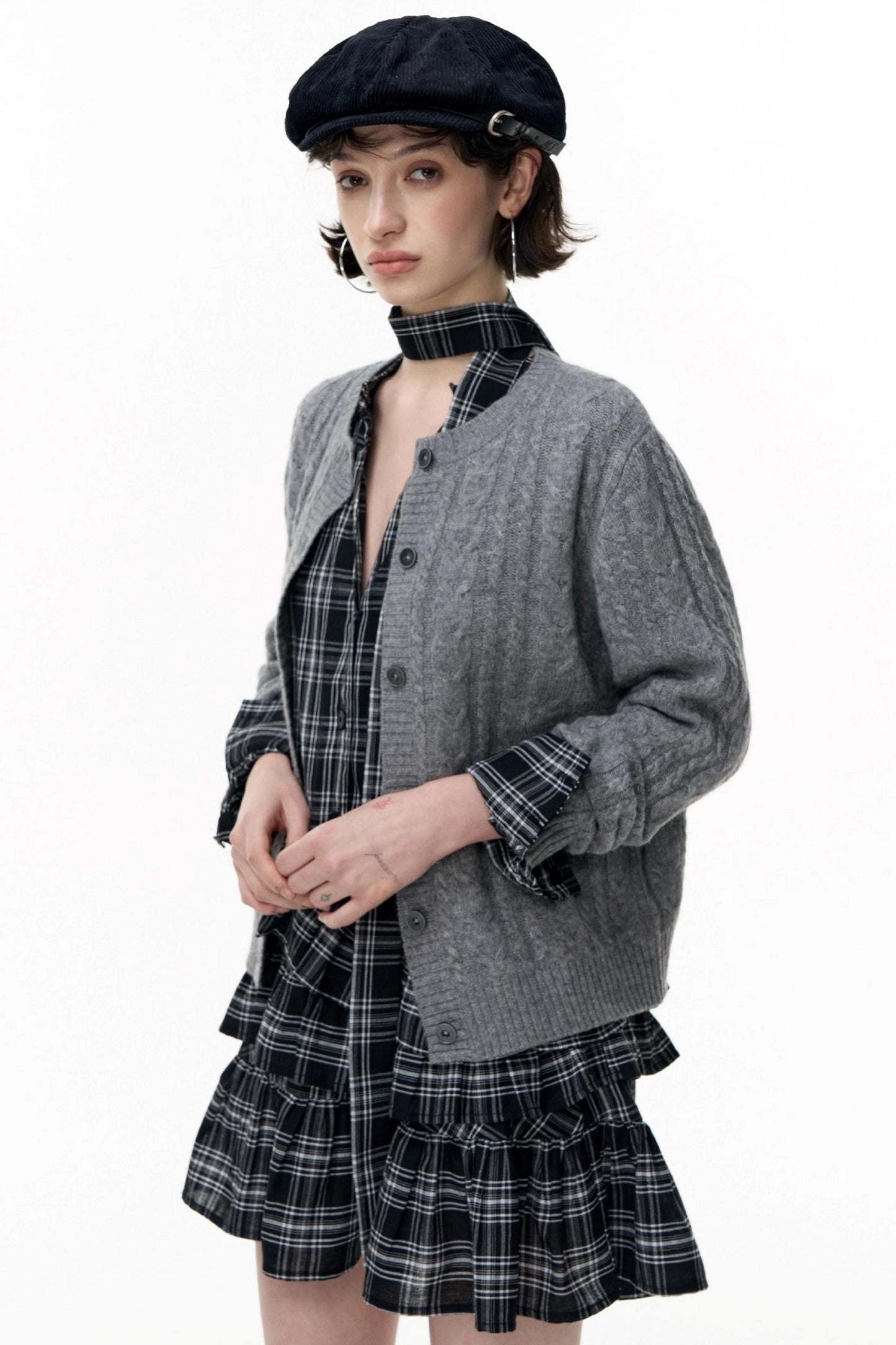Plaid Ruffle Long Sleeve Shirt Dress