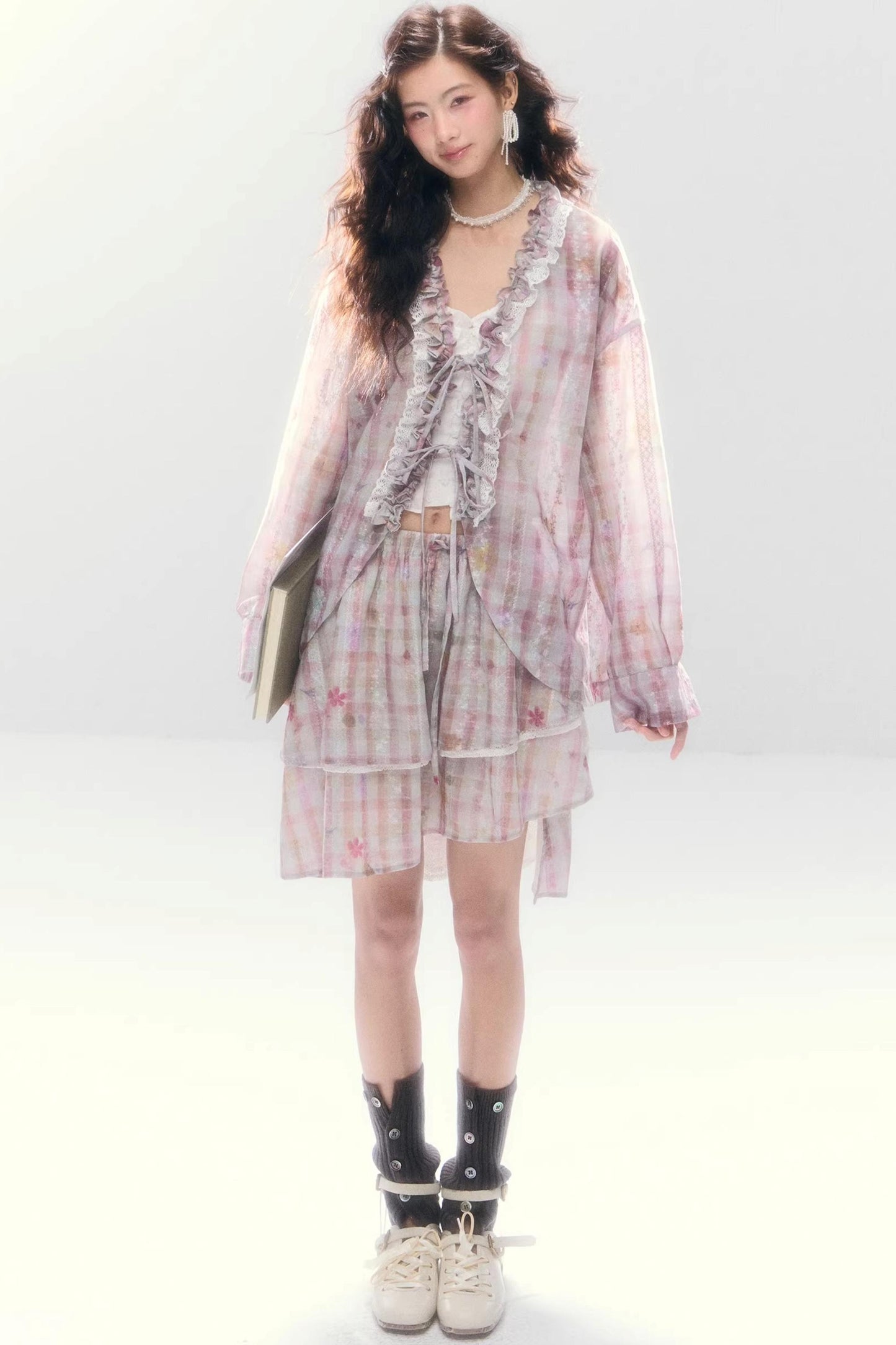 Lace-Tie Cotton Cardigan Matching Set