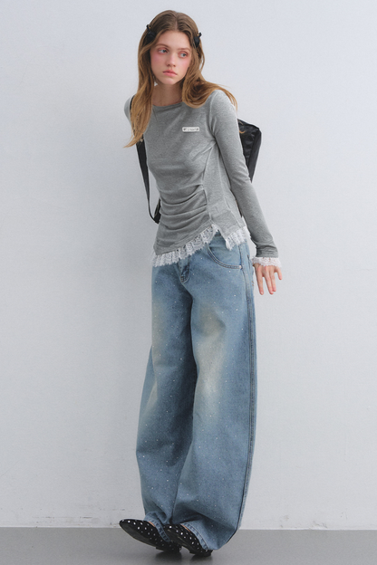 Spitzen-Patchwork-Taillierte Bluse