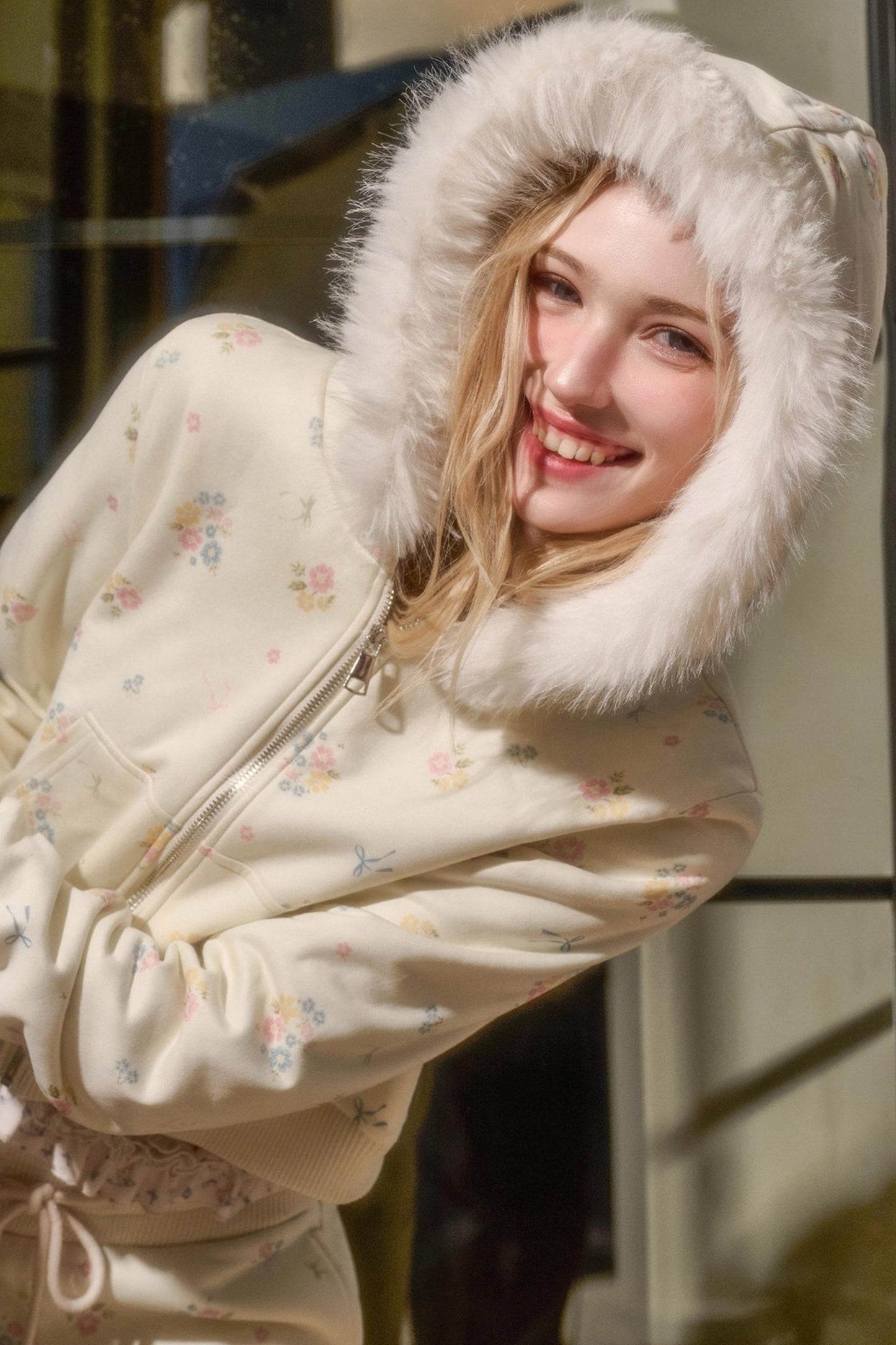 Milky Way Floral Fur Collar Jacket Set-Up