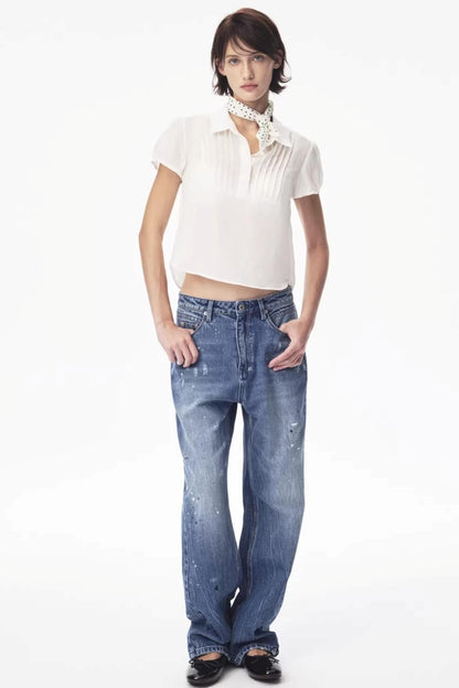 Ramie-Blend Pleated Puff Blouse