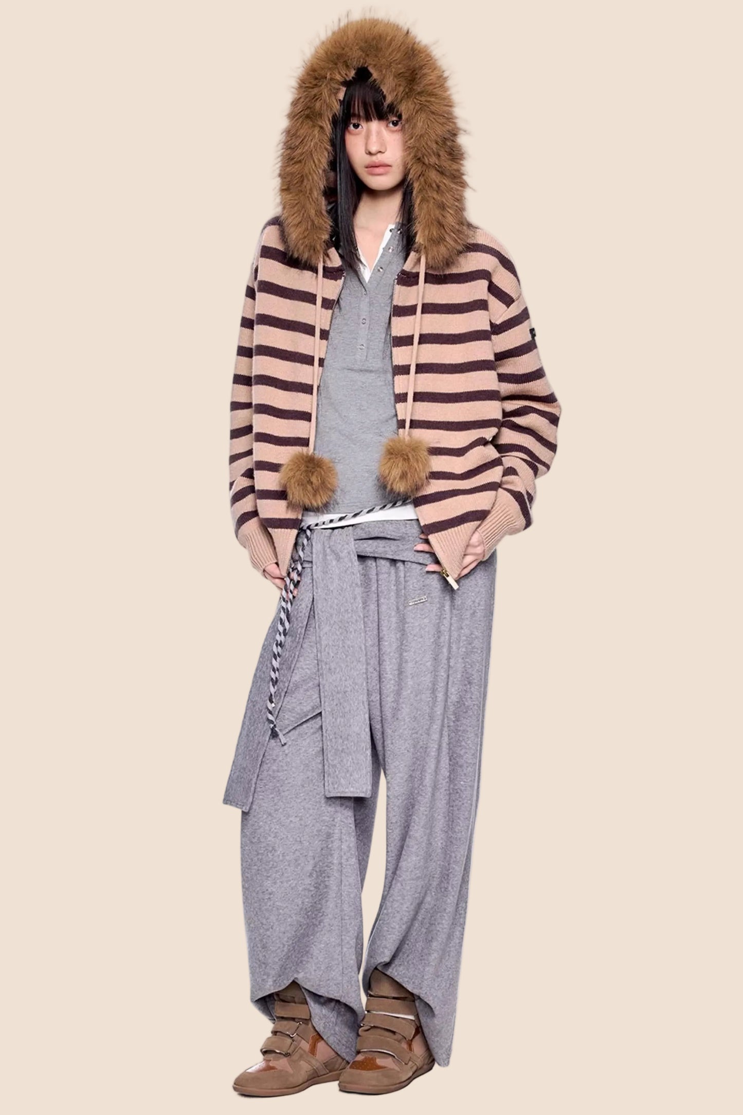 Fur Collar Striped Knit Cardigan