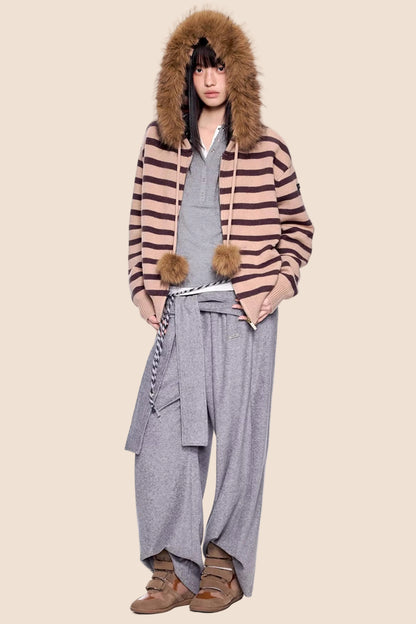 Fur Collar Striped Knit Cardigan