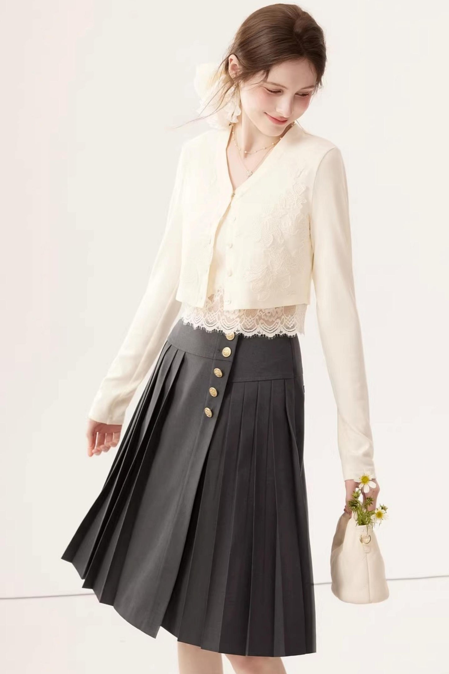 High-Waisted Pleated Midi Skirt