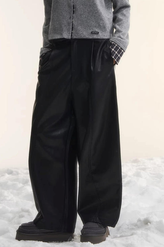Elastic Waist Black Leather Pants