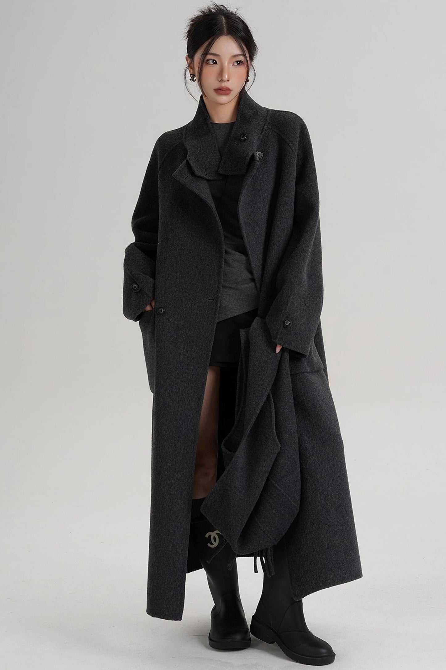 Temperament Hooded Scarf Wool Coat