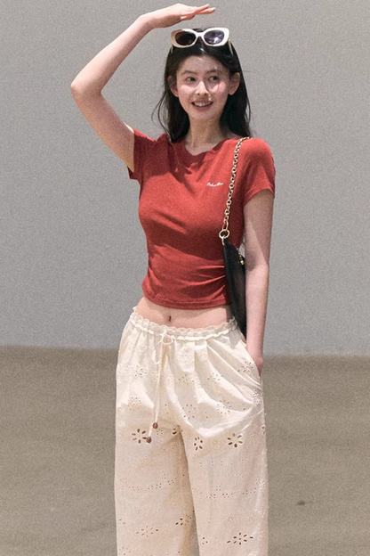 Contrast Embroidered Ruched Top