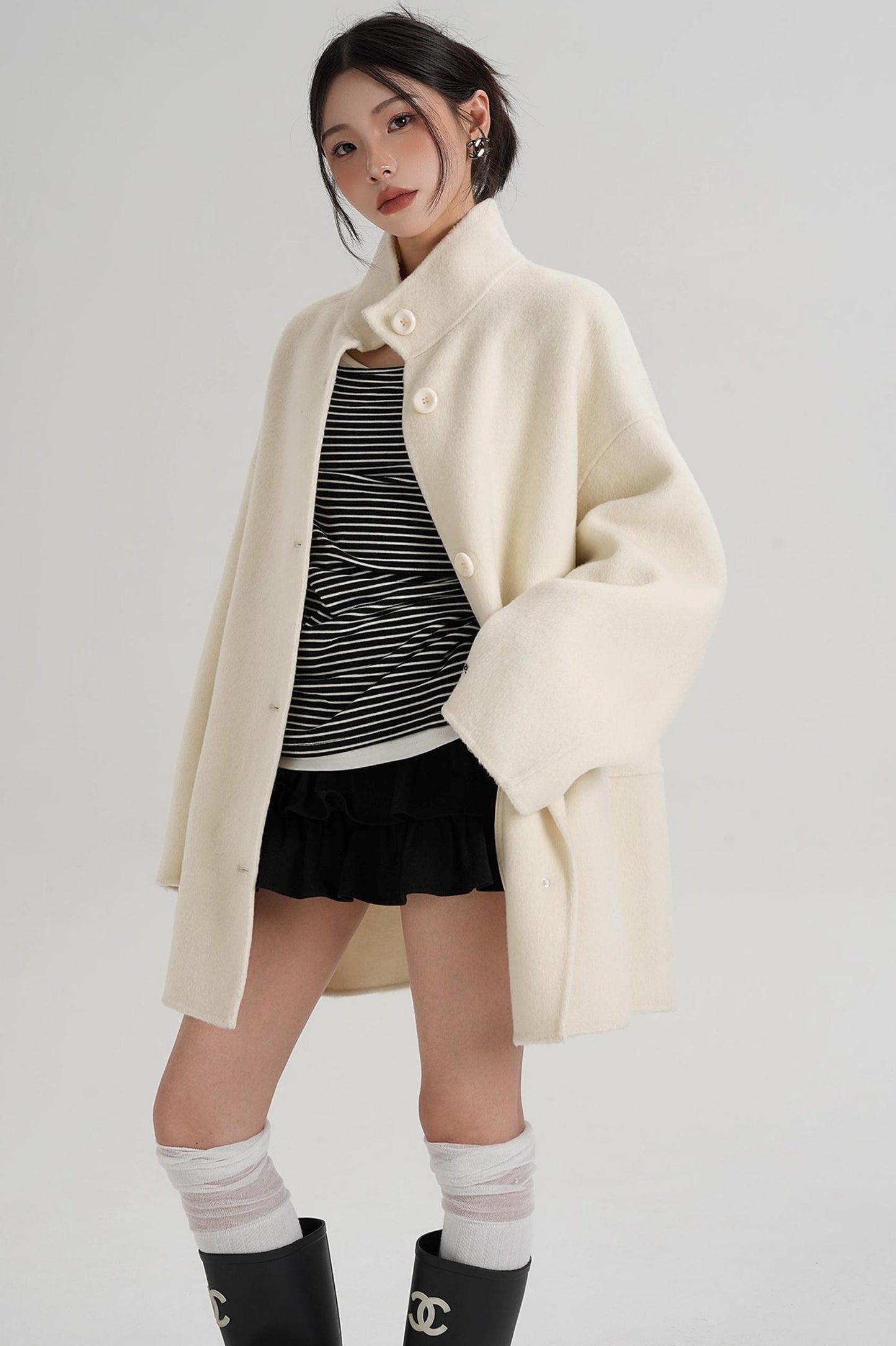 Stand-Up Collar Loose Sleeve Wool Jacket