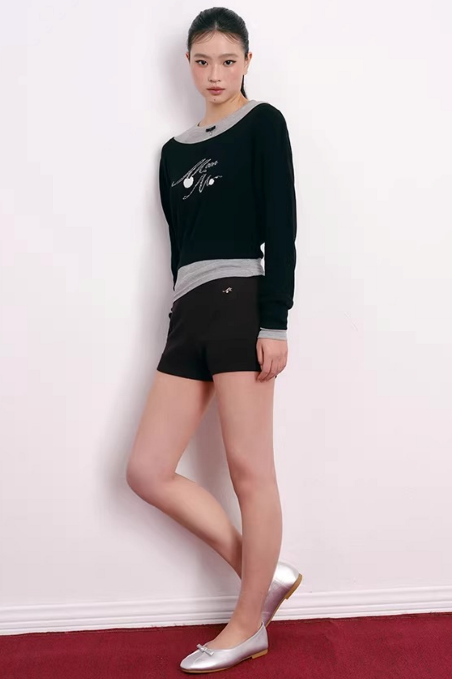 Cherry Embroidery Half-Zip Top Set