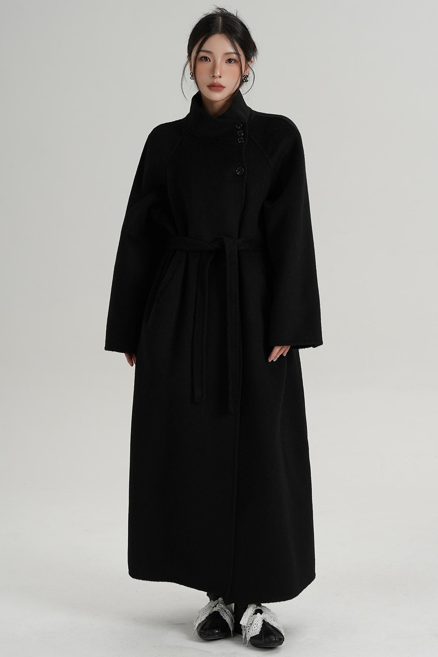 Diagonal Collar Woolen Long Coat