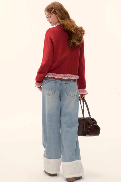 Fleece-Lined Wool Spliced Jeans