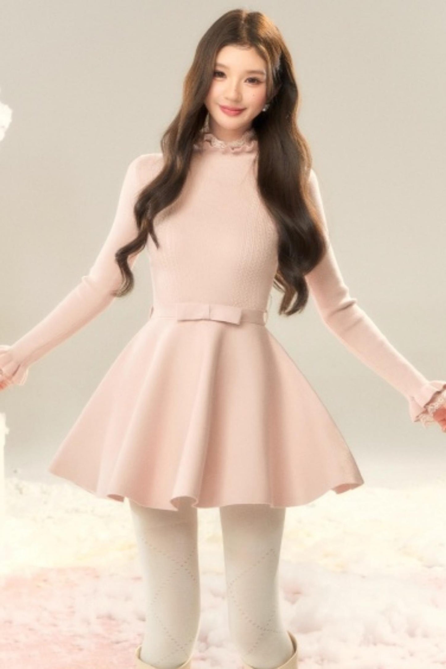 Lace High-Neck Knitted Dress