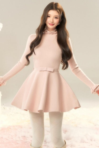 Lace High-Neck Knitted Dress