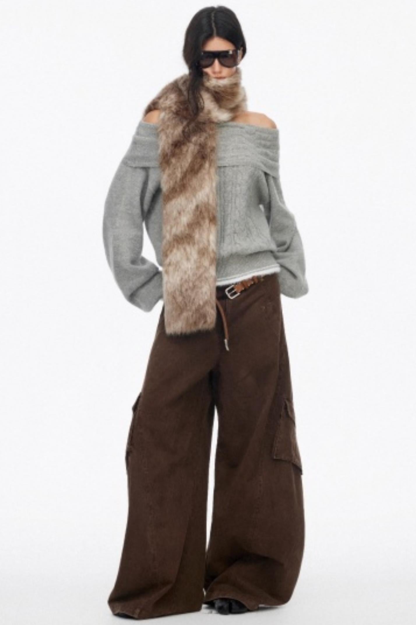 Off-Shoulder Color-Blocked Knit Sweater