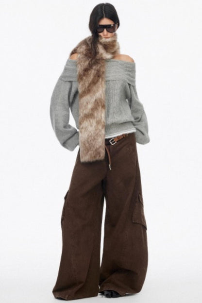 Off-Shoulder Color-Blocked Knit Sweater