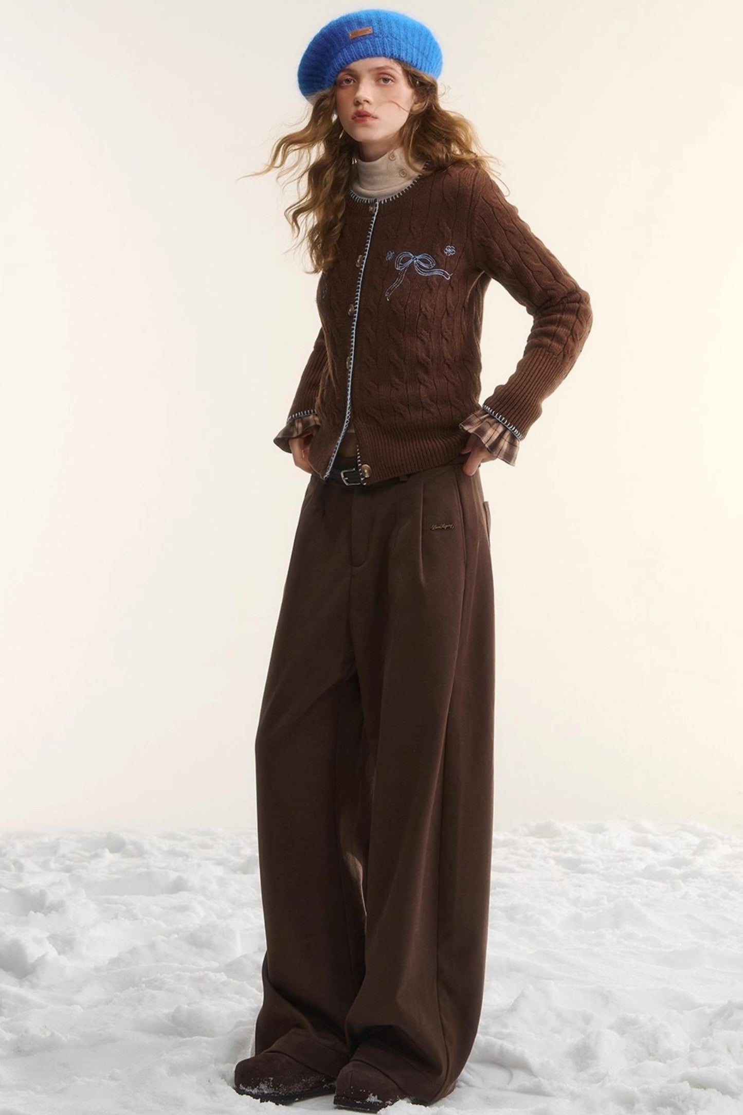 Plaid Fleece-Lined Wide-Leg Pants