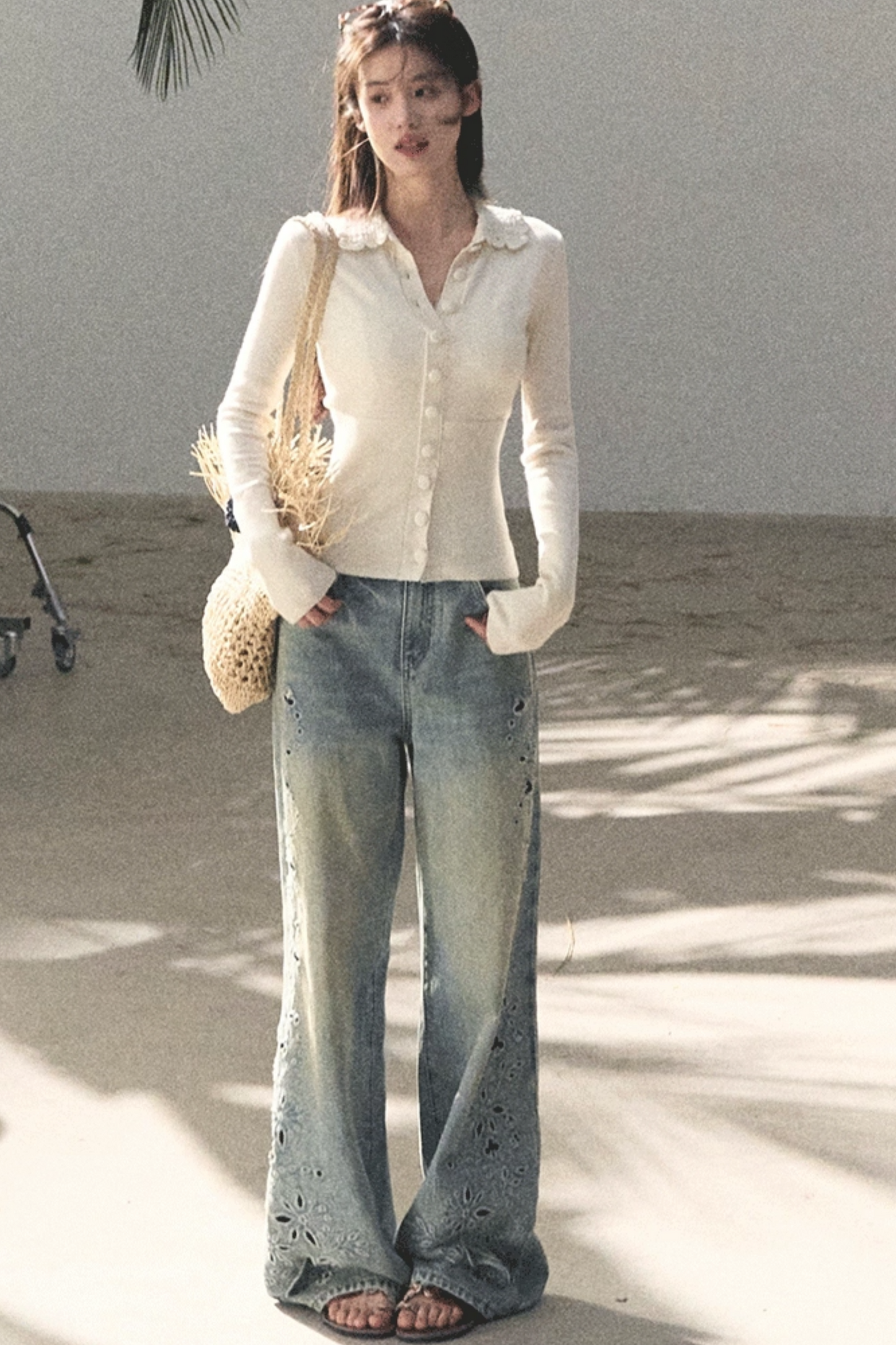 Laser Embroidery Distressed Jeans