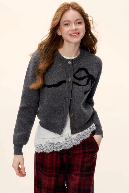 Bow Jacquard Cardigan Sweater