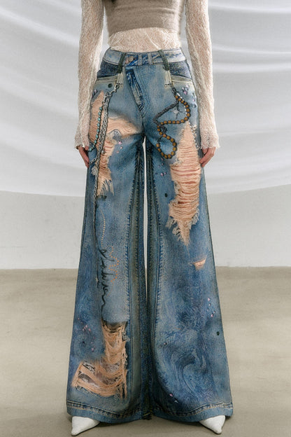 Ripped Faux-Denim Flared Pants