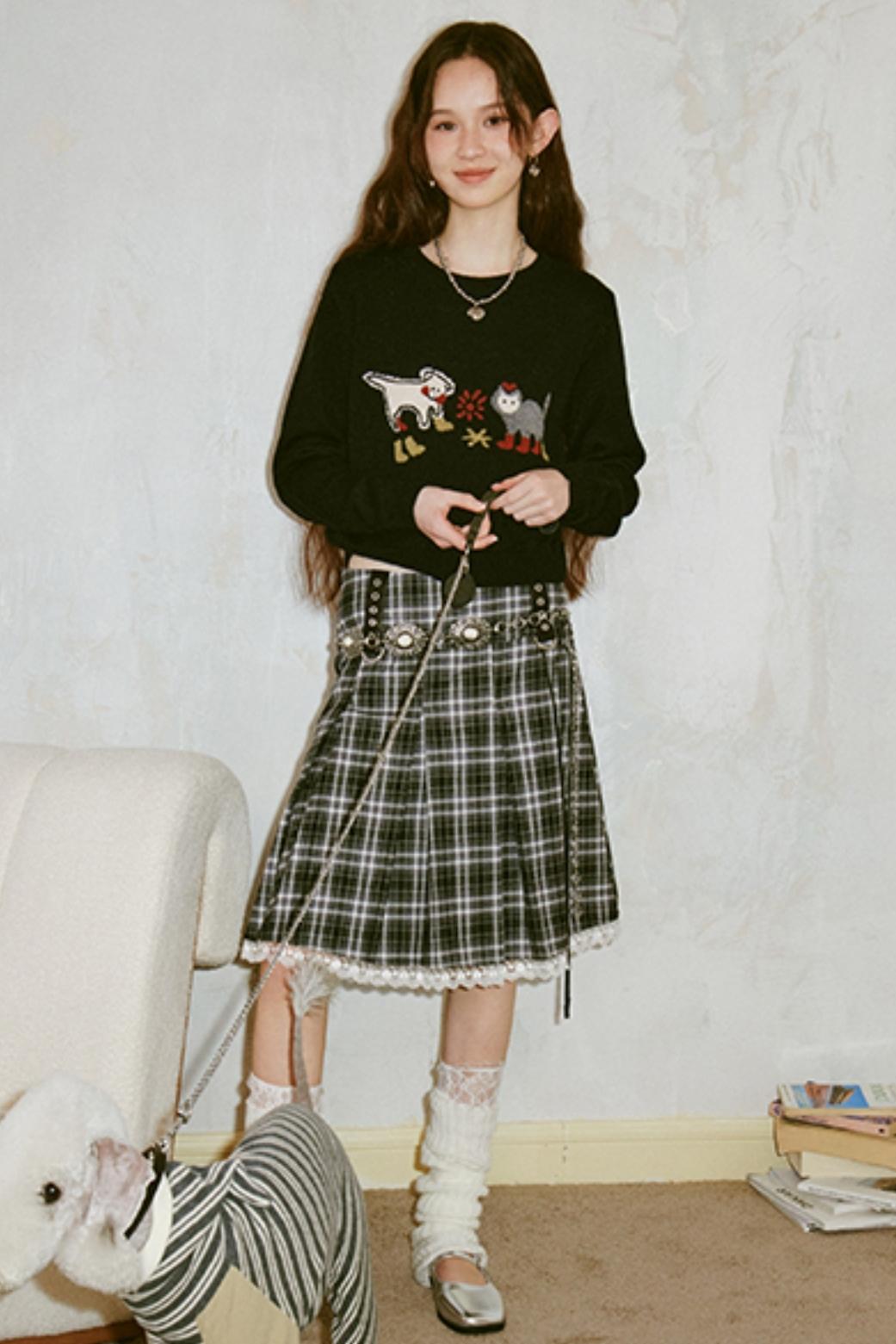 Kitten Puppy Embroidered Wool Blend Top