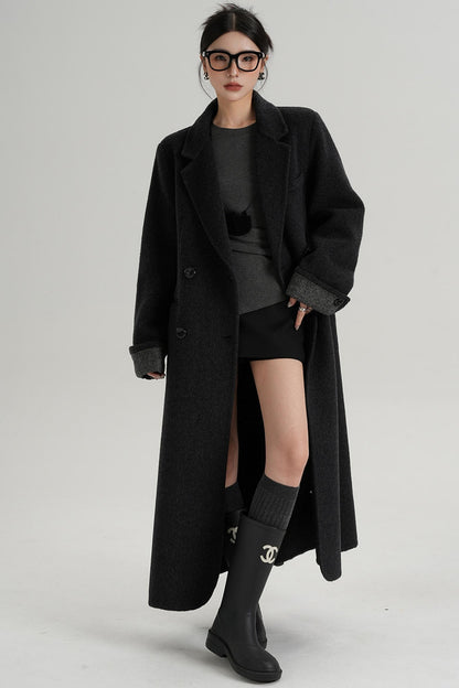 Turn-Sleeve Suit Collar Long Wool Coat
