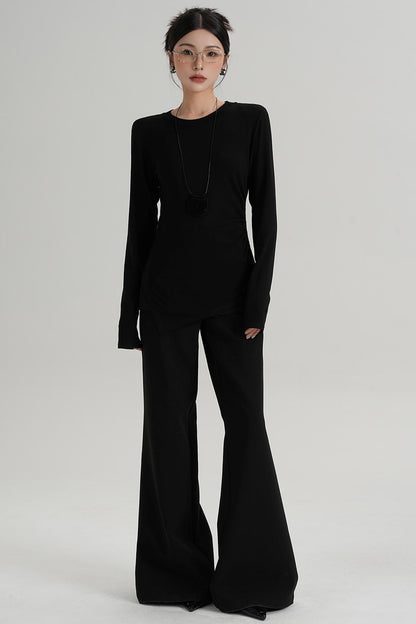 Shoulder Pads Hem Slit Long Sleeve T-shirt