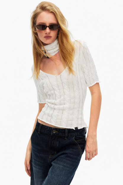 Hollow-Out Knit V-Neck Top